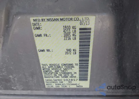 2014 Nissan Altima 2.5 Sl из США, поврежденный, VIN 1N4AL3AP4EC102857